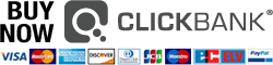 This image shows a payment button with the text 'Buy Now', the ClickBank logo and name with a registered trademark symbol, and a series of icons representing the payment methods.