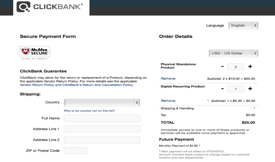 This image shows a cart order form with editable quantity. The left side of the order form shows the McAfee Secure verification image, the ClickBank guarantee, and the shipping information fields. The right side shows the order details, including the names of the two products, the current quantity for each product with plus and minus icons that the user can use to increase or decrease the quantity, the subtotal for each listed item, the total including tax, and details about future payments.