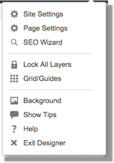 This image shows the Manage Site menu in GoDaddy, including the Site Settings option which the user should click. The other settings are Page Settings, SEO Wizard, Lock All Layers, Grid/Guides, Background, Show Tips, Help, and Exit Designer.