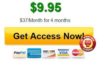 This image shows a payment link button with text explaining the rebilling pricing. The top listed price is $9.95. The next line specifies the rebilling pricing of $37 per month for 4 months. The bottom section is a Get Access Now button, with images indicating the credit card brands accepted and the 60-day guarantee.