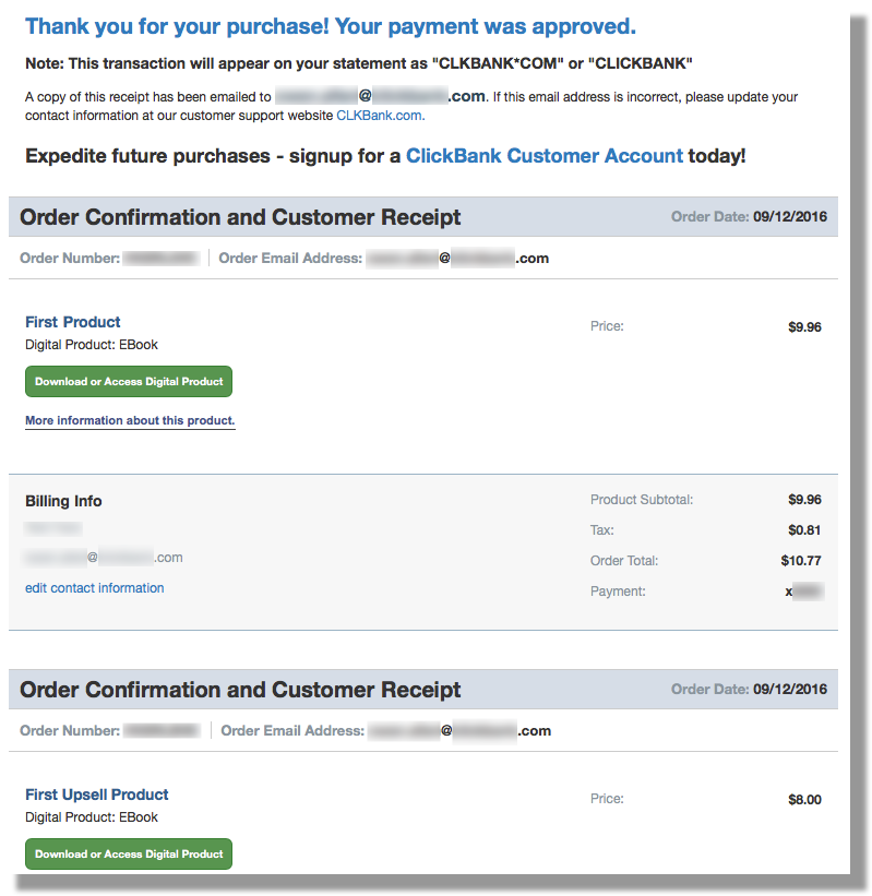 This image is a screenshot showing the confirmation page that is displayed after a user has purchased multiple items through a PitchPlus Upsell Flow. For each product, the screen shows the order number, the order email address, the product title and type, the price, and a button labeled Download or Access Digital Product.